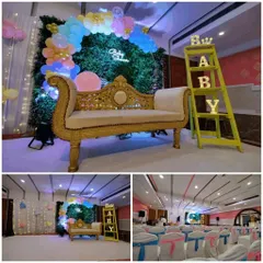 This collage showcases a classic blue and pink theme for a baby shower. You can see the main stage with its green wall and elegant sofa, along with the overall hall view showing coordinated chair covers for guests.