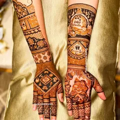 A beautiful mehandi design created specifically for a baby shower, with "Baby Shower" and "Coming Soon" artfully written into the pattern.