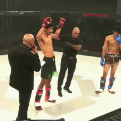 A dominant first-round submission victory at the Ronin Fighting Championship. This image captures the result of relentless grappling training and a killer instinct inside the cage.