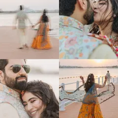 A vibrant collage of a pre-wedding shoot in Dubai, showing the couple walking, kissing, and laughing by the sea at sunset.