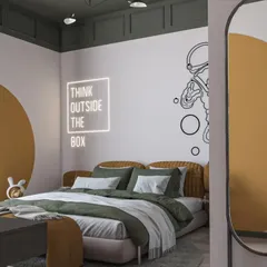 An imaginative space-themed room designed to inspire curiosity. The "Think Outside The Box" neon sign and astronaut wall decal encourage big dreams, while the color scheme is modern and cool.