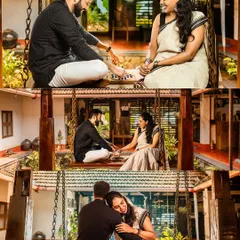 A collage of a couple sharing intimate moments on a traditional wooden swing in a heritage home. These photos capture playful and tender interactions in a beautifully rustic setting.