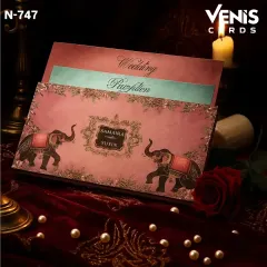 I designed this card with a vintage royal aesthetic, using a soft, dusty rose color palette. The cover features two beautifully adorned elephants facing a custom couple's nameplate. The set includes coordinated inserts for different wedding events.