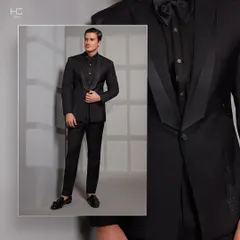 Black for cocktails is always a timeless choice. This collage highlights a classic tuxedo with a modern, wide lapel, showcasing its polished look and subtle shine for a refined evening appearance.