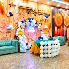 A wider view of the ring ceremony decoration, showing how it transforms the corner of a room into a dedicated ceremonial space.