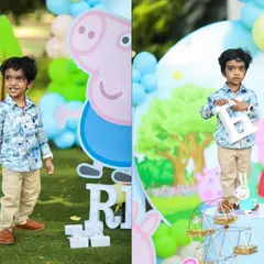 A playful outdoor portrait session with a Peppa Pig theme, combining the fun of a theme with the beauty of a natural setting.