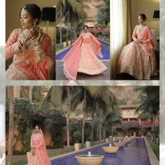 A collage showcasing the bride's journey on her wedding day, from getting ready and putting on her jewelry to her stunning final look by the pool.