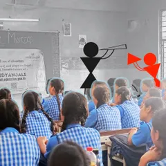 Our sessions are designed to be interactive and engaging. Here, a fellow uses simple gestures to teach musical concepts, making learning intuitive and fun for a classroom of young girls.