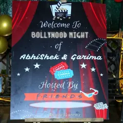 A personalized welcome sign for the "Bollywood Night" bachelorette party. The design incorporates movie tickets, film reels, and a classic cinema look to set the theme right from the start.