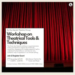 A poster for a workshop on 'Theatrical Tools & Techniques'. The image of the stage curtain represents the professional, focused environment we provide for serious actor training and development.