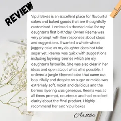 This happy review is for a whole wheat jaggery cake I made for a one-year-old. The client wanted no sugar or maida, and I was happy to create a delicious and healthy jungle-themed cake for her daughter.
