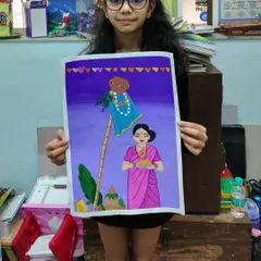 A beautifully detailed painting celebrating Gudi Padwa. This student captured the essence of the festival, complete with a woman in a traditional saree presenting the Gudi.