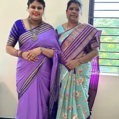 It brings me so much joy to see both mother and daughter dressed in our trending sarees. Here they are in a beautiful lavender Mysore crepe silk and a floral printed silk.