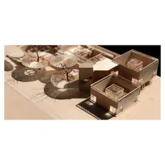 An overall view of the physical model for The Atelier. This tangible representation allows us to study the relationship between the building masses, the canopies, and the open spaces in three dimensions.