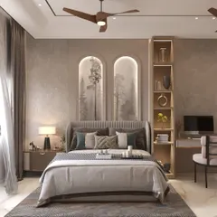This bedroom design focuses on creating a calm and restful sanctuary. The arched wall panels behind the bed, combined with soft, neutral tones and a comfortable layout, make it a perfect space for unwinding.