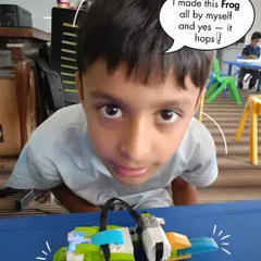 "I made this Frog all by myself and yes, it hops!" This is the magic of our robotics camp, where kids learn to build and code their own moving creations.