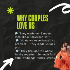 "They made our Sangeet look like a Bollywood set!" We love hearing that our choreography and coordination bring a cinematic feel to our clients' weddings. Over 1000 smiles and counting.