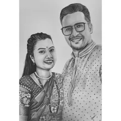 A realistic pencil sketch of a smiling couple, perfect for an anniversary or wedding gift. I focused on their happy expressions and the details in their traditional attire, like the intricate sari pattern and mangalsutra.