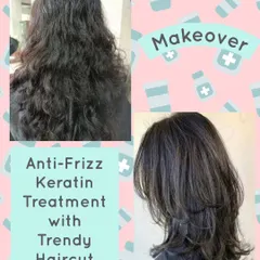 Here, we paired an anti-frizz Keratin treatment with a trendy, layered haircut. This demonstrates how our smoothing services can complement a modern style, adding sleekness while maintaining movement.