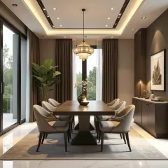 This dining room is designed for sophisticated entertaining, with a large 8-seater table, elegant upholstered chairs, and a beautiful chandelier. The false ceiling with cove lighting adds depth and a sense of luxury.