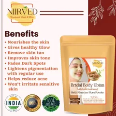 This graphic shows the many benefits of my Bridal Body Ubtan, from nourishing the skin and removing tan to fading dark spots and reducing acne. It's 100% organic and natural.
