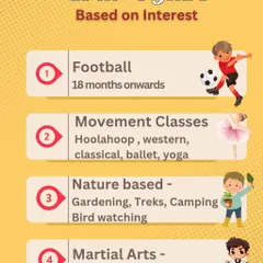 A list of age-appropriate hobby classes for children 18 months to 6 years, based on interest, including football, dance, and martial arts.