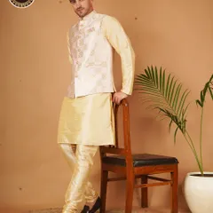 Elevate your festive look with this stunning cream kurta pajama paired with a patterned Nehru jacket. It's a timeless combination that exudes grace and style.