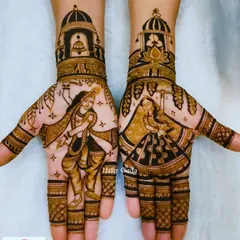 This design captures the playful and divine dance of Radha and Krishna. Set against a backdrop of temples, this artwork is full of movement and joy, perfect for a festive occasion.