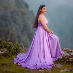 This lavender gathered dress was custom-made for a client's pre-wedding shoot in the mountains. The soft, flowing fabric and simple silhouette were chosen to complement the misty, ethereal backdrop.