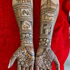 For the modern Mumbai bride, I designed this unique skyline mehendi. It features the iconic Gateway of India and the Bandra-Worli Sea Link, along with the couple's initials and wedding hashtag.