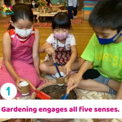 Gardening engages all five senses, from the feeling of the soil to the smell of the plants. Here, children are scooping soil, a fundamental step in their planting journey.