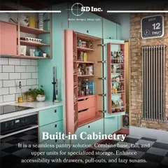 An example of built-in pantry cabinetry in a vibrant kitchen. This seamless solution combines tall and base units with pull-out drawers and door-mounted spice racks to maximize storage and accessibility.