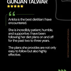Gunjan's feedback highlights the core of my practice: patience, support, and creating diet plans that are both easy and effective. Building a long-term healthy relationship with food is the goal.