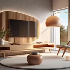 This living room has a calm, Scandinavian feel. I used a slatted wood panel behind the TV and minimalist furniture to create a serene and stylish space, completed by a beautiful arc floor lamp.