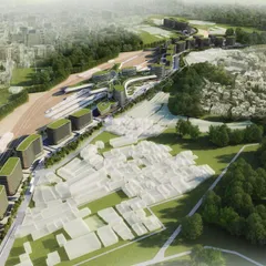 This masterplan view illustrates the integration of the Baiyappanahalli station with the surrounding urban fabric. The design uses green roofs and fluid forms to connect disparate elements into a cohesive, sustainable development across the 132-acre site.