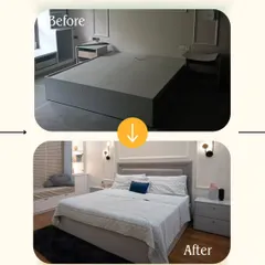 Before and After: We transformed this basic bedroom frame into a serene retreat with a custom upholstered headboard, coordinated side tables, and elegant wall sconces.