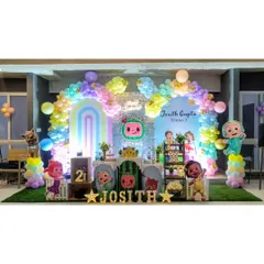 A closer look at the Cocomelon setup, showing the custom backdrop and themed props that make the party special for the little ones.