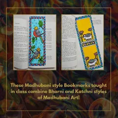 We teach the intricacies of Indian folk art, like these Madhubani-style bookmarks. Our classes cover different styles, such as Bharni and Katchni, allowing participants to create detailed and colorful pieces while learning about their cultural origins.