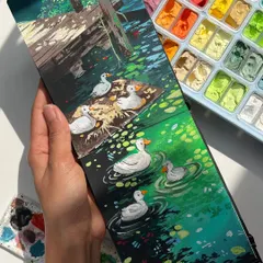 A whimsical gouache painting of a family of ducks swimming in a line. I focused on the little details, like the ripples in the water and the soft light on their feathers, to create a charming, storybook scene.