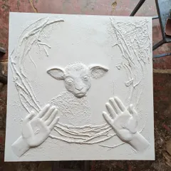 This is the raw, unpainted form of 'The Lost Sheep' mural. It shows the pure texture and sculptural work done with modeling paste before any color is added, highlighting the foundation of the 3D effect.