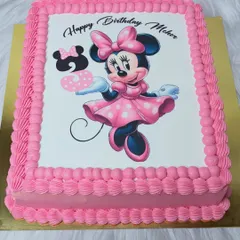 A classic Minnie Mouse sheet cake for a very special 3-year-old client who knows exactly what she wants. We love making birthday cakes for kids that feature their favorite characters.
