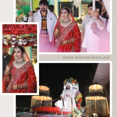 "Where tradition meets love." This collage captures various wedding day rituals, including the bride's entry and the groom's arrival, telling a story of the day's events.