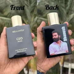 This image shows the front and back of a personalized Bella Vita CEO Man perfume. I can print the original branding on one side and your custom photo and name on the other.