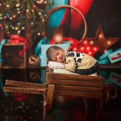 Inspired by Toy Story, this little cowboy in a cow-print shirt sleeps on a wooden cart with a festive, toy-filled background.