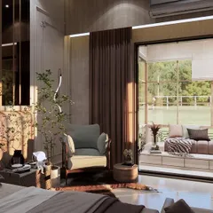 This bedroom in our Krishna Vilas project blends modern and classical elements. The highlight is the folding glass wall that opens up completely to a private balcony, blurring the line between indoors and outdoors. It’s the perfect spot to enjoy a morning cup of tea with an uninterrupted view.