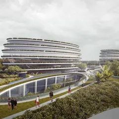 The landscaped terrace of the station acts as an urban park and breakout space for visitors. The design integrates public green space with commercial and office buildings.