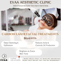 A visual summary of the benefits of our Carbon Laser Facial, including deep cleansing, exfoliation, acne control, and skin brightening.