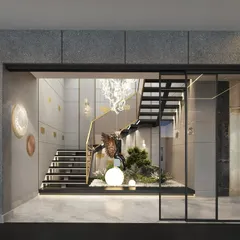 A modern staircase design featuring concrete panels with brass inlays. This combination of industrial chic and luxurious warmth creates a visually striking and one-of-a-kind look.