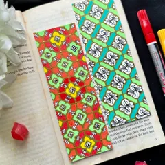 A pair of bookmarks with lively patterns and colors. The one on the left uses a bright red, yellow, and green combination, while the one on the right features a cooler palette of green and teal.