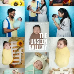 A gallery view of a complete newborn photoshoot. You can see different setups, including a fun Harry Potter theme, family portraits, and classic wrapped baby poses.